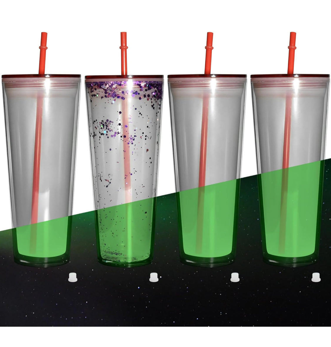 Glow in the dark 24 oz snow globe tumbler with red lid and straw
